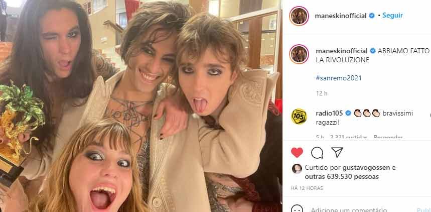 Postagem do grupo Maneskin após vitória no Festival de Sanremo.